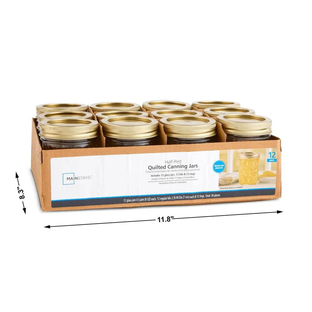 8oz Clear Quilted Glass Canning Jars Set 12 Count Airtight Seal Regular Mouth Dishwasher Safe Jams Pickles Sauces Preserving