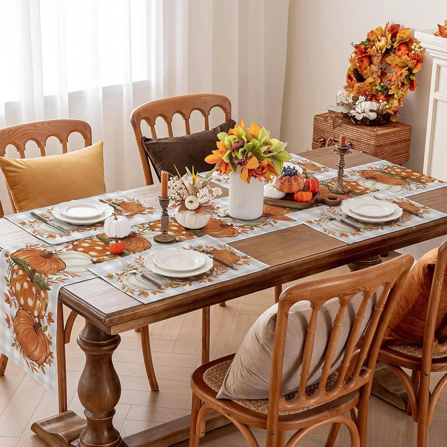 Fall Placemats Set of 4-12 X 18 Inch - Thanksgiving Autumn Harvest Pumpkin Buffalo Plaid Place Mats, Stain Resistant Wipeable Ta