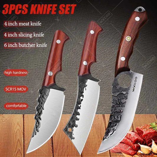 3PCS Kitchen Chef Knife Set Stainless Steel Utility Knife Wood Handle Multipurpose Sharp Boning Barbecue Fish Vegetable Pocket