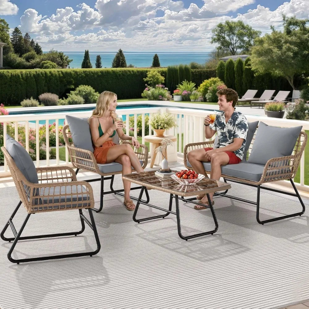 4-piece Patio Furniture Set, Wicker Outdoor Furniture Set With Cushions, Outdoor Table And Chairs For Balcony, Backyard, Deck,