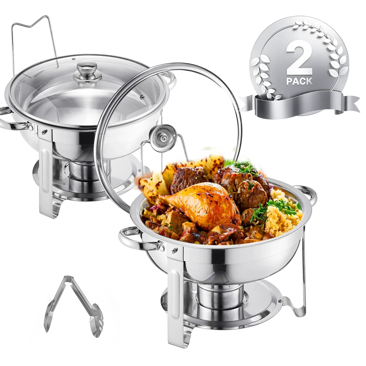 VEVOR 2 Pack Chafing Dish Buffet Stainless Steel Chafer with 4 Full Size Pan Round Catering Warmer w/Glass Lid for Party Banquet