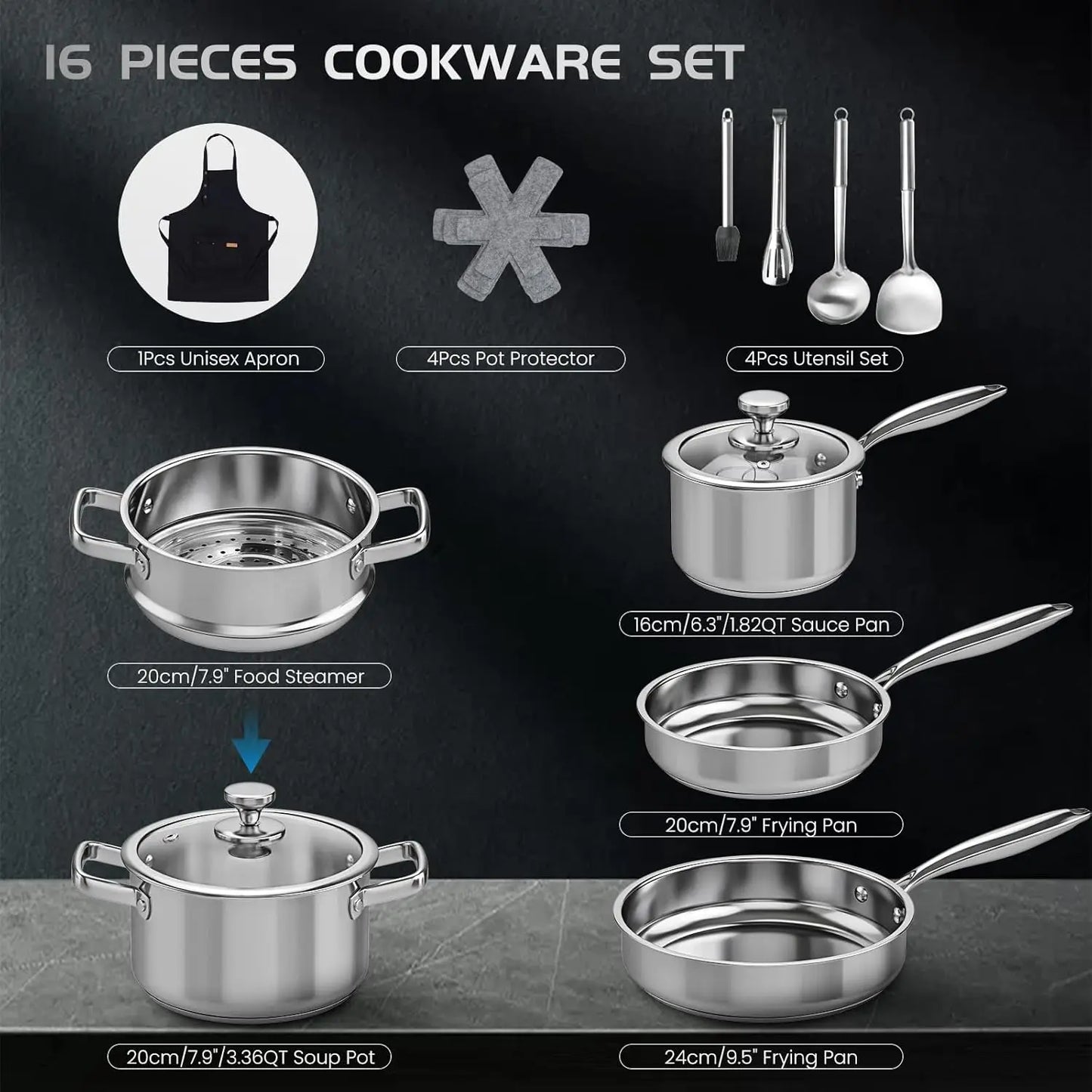 Pots and Pans Set Non Toxic, 16PCs Stainless Steel Cookware Set with Steamer, Kitchen Induction Cookware with Utensil Sets