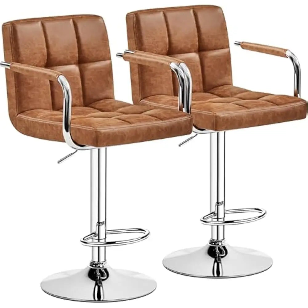 Bar Stools Set of 2, PU Leather Adjustable Swivel Barstools, Hydraulic Kitchen Counter Height Bar Chairs w/Armrest and Back