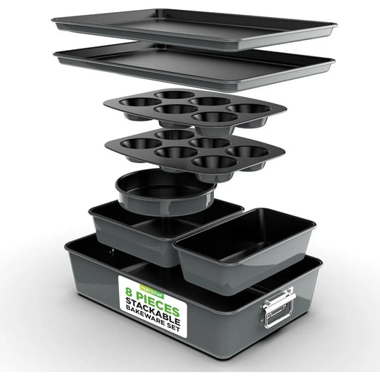 NutriChef 8-Piece Nonstick Stackable Bakeware Set – Non Toxic Carbon Steel Baking Trays W/Cookies Sheet Muffin, Loaf, Cake, Roun