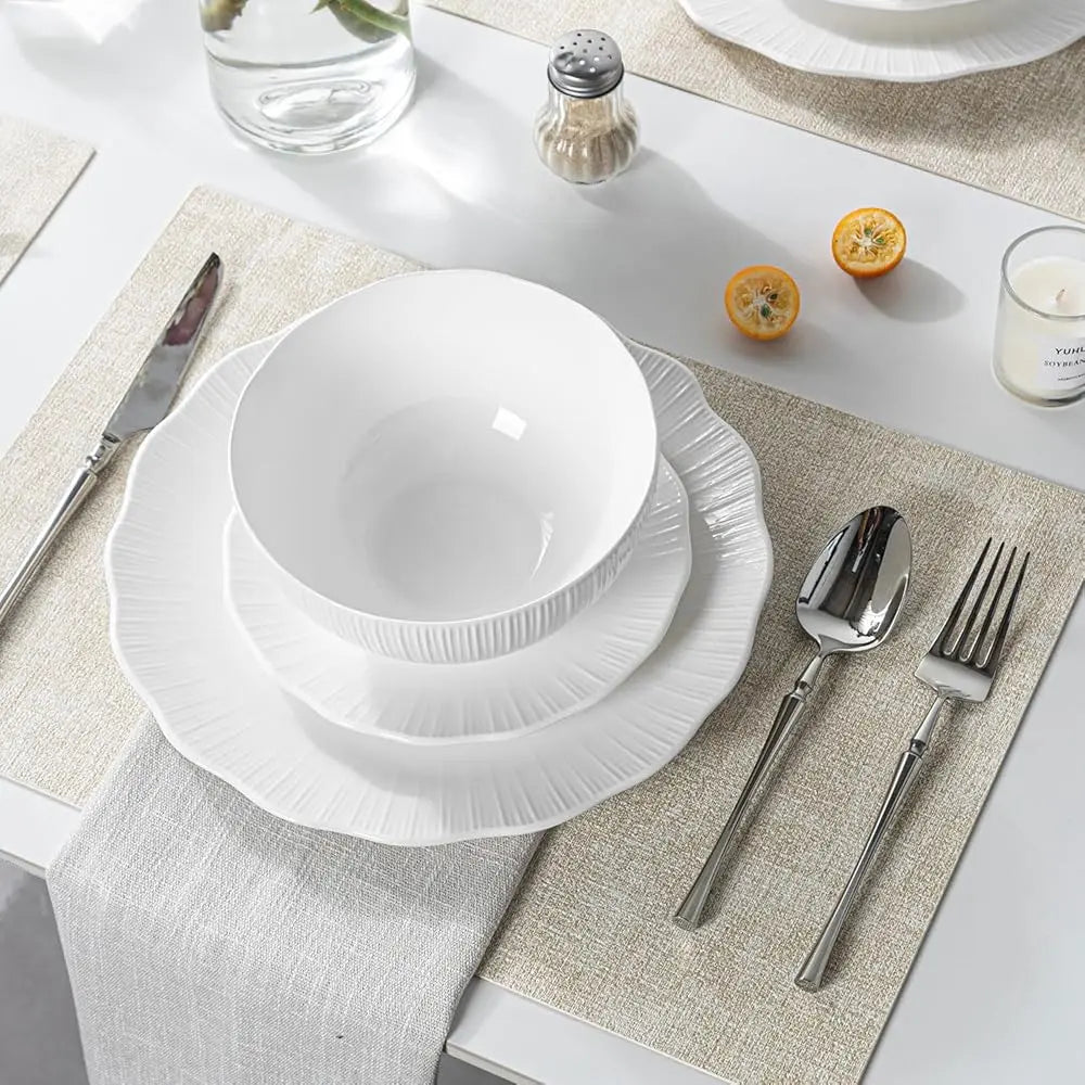Porcelain Dinnerware Sets For 4, 12 Piece Plates And Bowls Set, Scratch-Resistant, Microwave & Dishwasher Safe Dishes, Kitchen