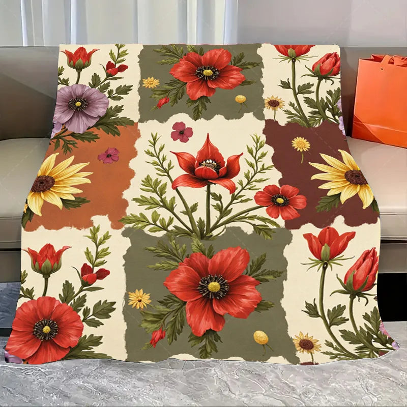 1pc Flannel Blanket Rustic Floral Throw Blanket - Cozy Boho Style for Living Room Decor