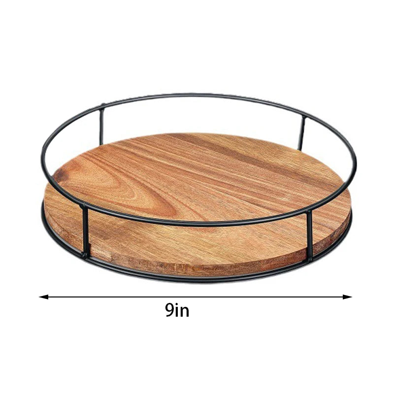 Wooden Rotating Tray, 360° Rotating Iron Ring Tray, Desktop Storage Magic Tool, Can Hold Tea, Seasonings, Stationery