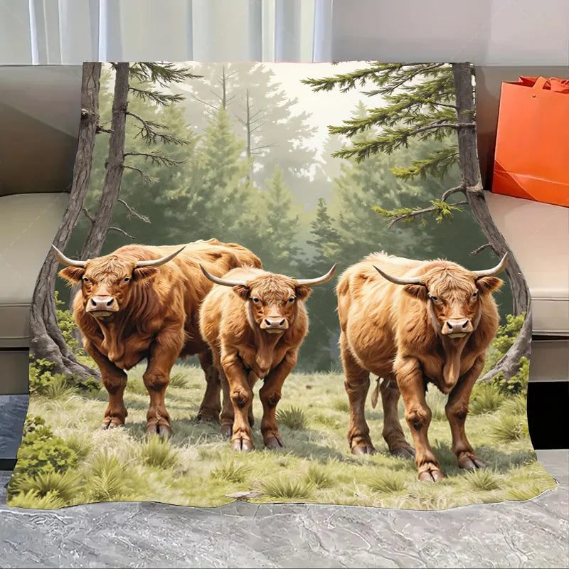 1pc Flannel Blanket Rustic Highland Cattle in Forest Scenic Blanket - Cozy Cabin Style Throw