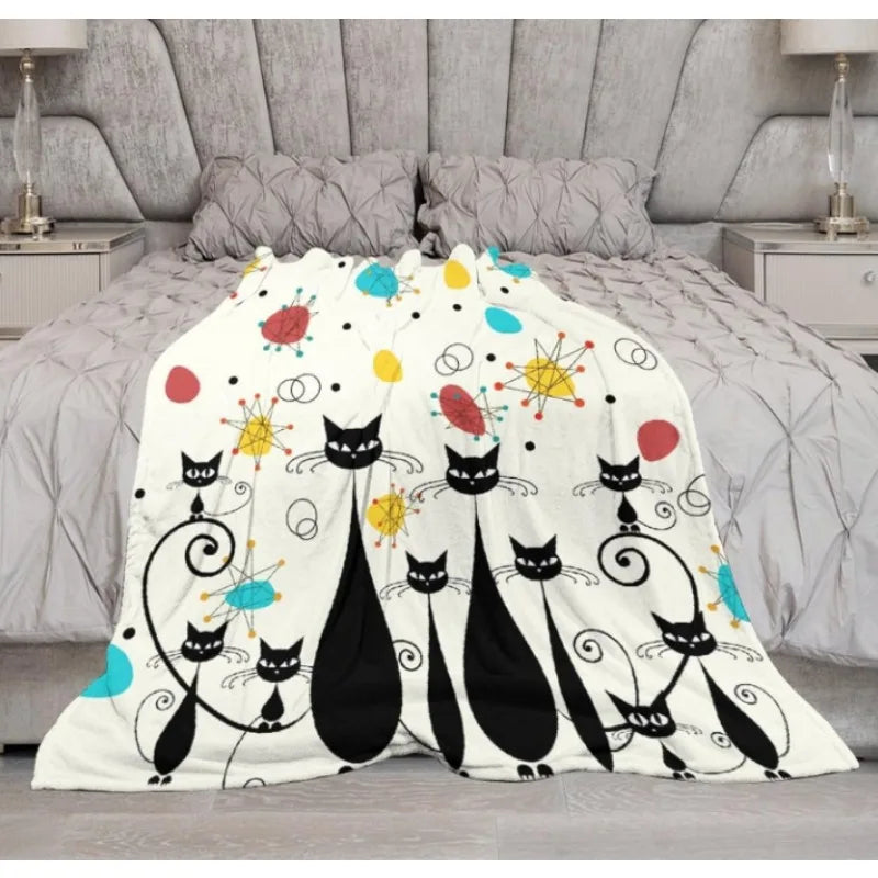 Mid-Century Modern Throw Blanket, Atomic Black Cat Starburst Iconic Satellite Retro Abstract Geometric Throw Blanket