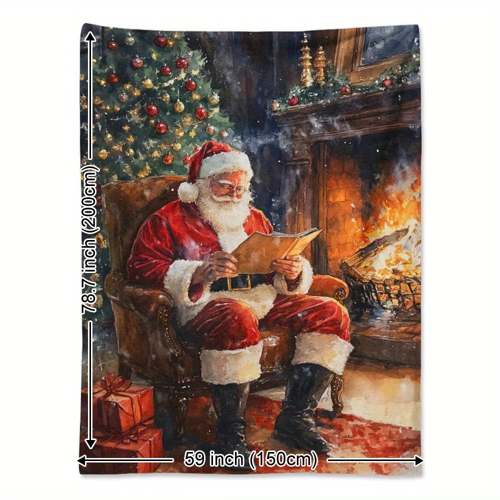 Cozy Christmas Flannel Throw Blanket - Santa Claus, Holly Berries & Gift Box Design | Soft & Warm for Naps, Camping, Travel