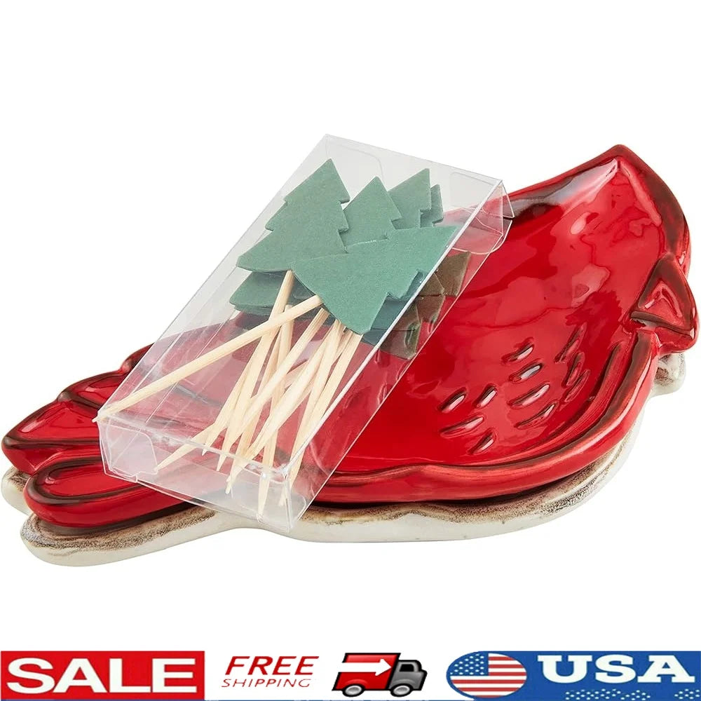 Cardinal Tidbit Dish Set Stoneware Hand-Painted Dishes with Tree Topped Toothpicks Cozy Christmas Decor 3 Pieces
