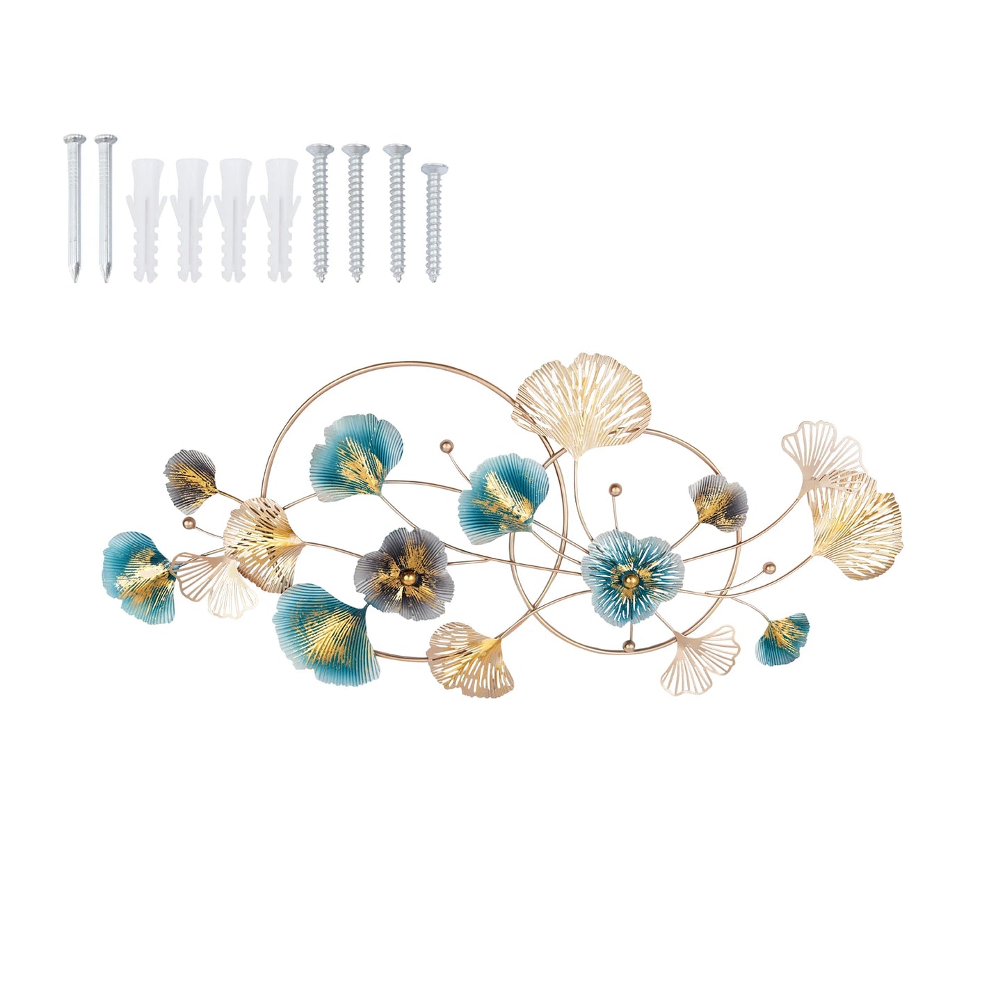 3D Golden Ginkgo Leaf Wall Hanging Decor with Frame, 48.03*20.47*1.97'' Metal Art Wall Sculpture for Living Room, Bedroom