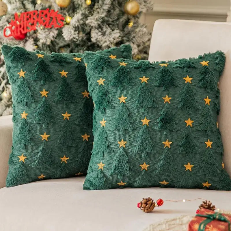 Christmas Cushion Covers Green Christmas Tree With Golden Star Square Pillowcase Holiday Home Decoration Winter Holiday Soft