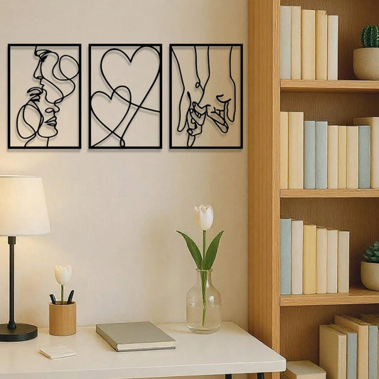 "3-Piece Romantic Metal Wall Art Set – Minimalist Couple Silhouette & Love Drawings | Decor for  Room| Ideal Couple Gifts"
