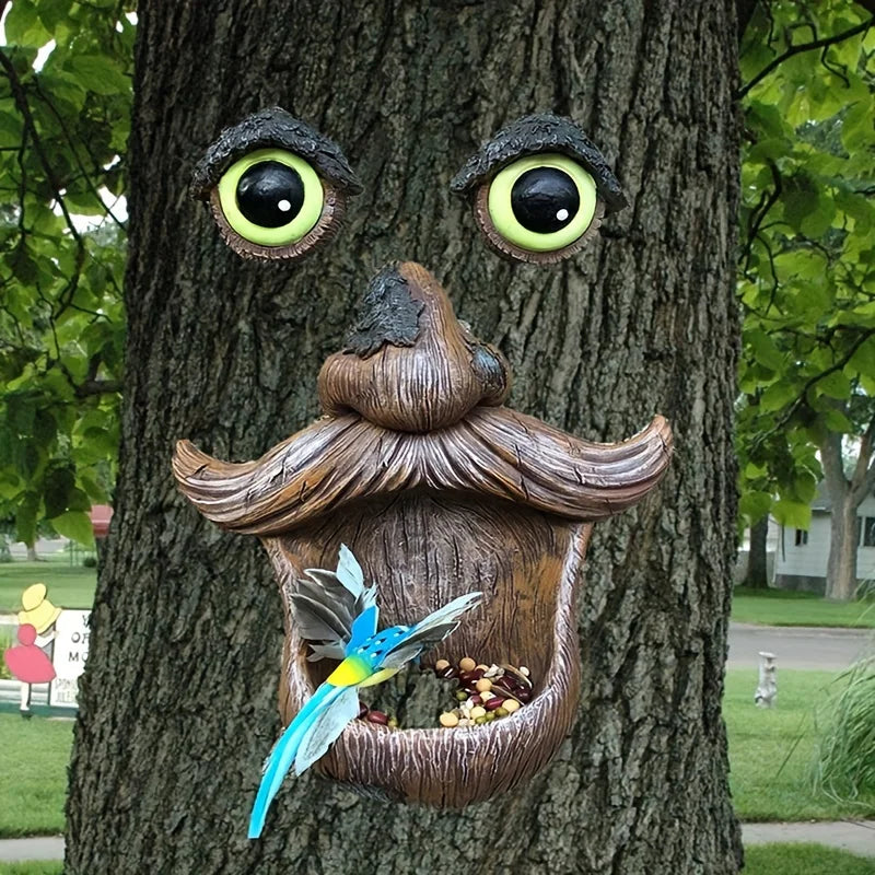 Tree Face Bird feeder, Bird Feeder Tree Face Decor Outdoor, Fun Old Man with Glowing Eyes in Dark, Tree Hugger Wild Birdfeeder S