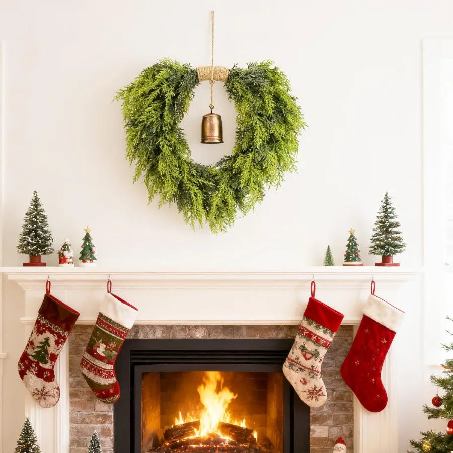 Real Touch Artificial Cedar Wreath 20 with Bell for Front Door Indoor Outdoor Christmas Decorations Faux Pine Greenery Heart Wr