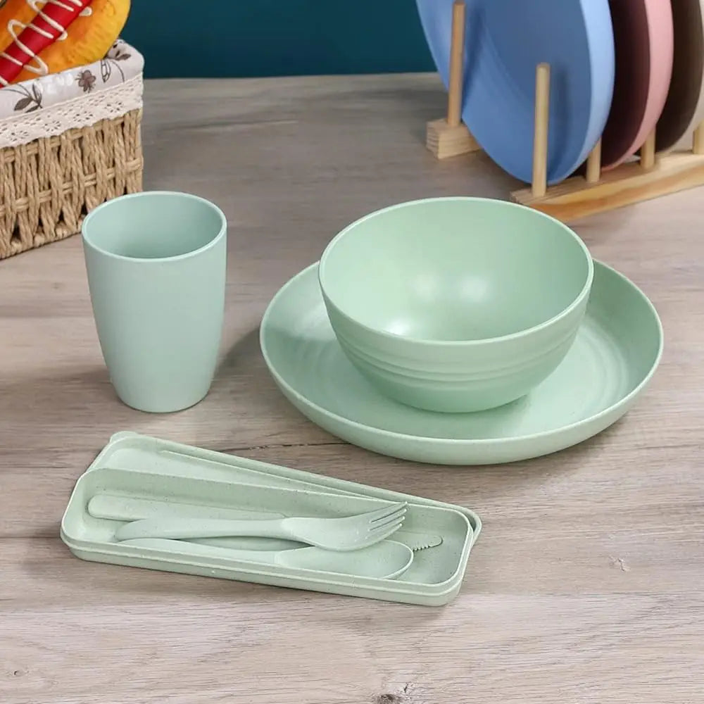 Wheat Straw Dinnerware Sets For 4, Wheat Straw Plates And Bowls Sets Kitchen Dishes 28Pcs College Dorm Room Entials Cutlery Set