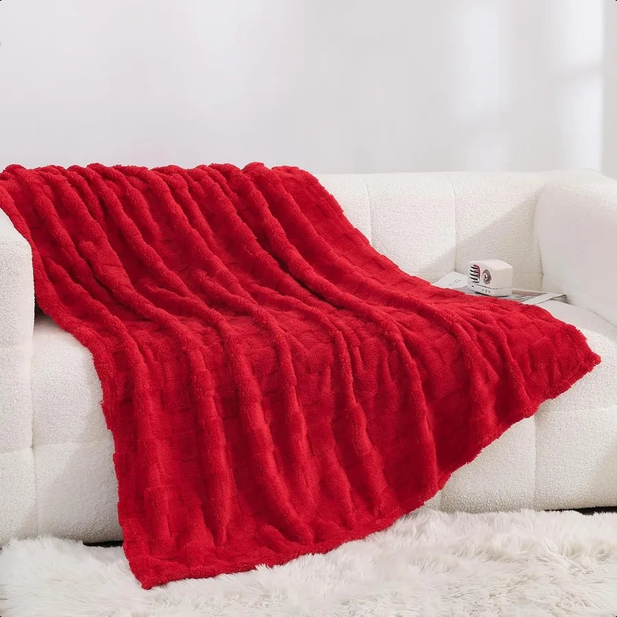 Red Fleece Throw Blanket 50×60 for Couch Sofa Beder Soft Cozy Plush Microfiber Flannel Blanket with 3D Checkered Design Lightwe