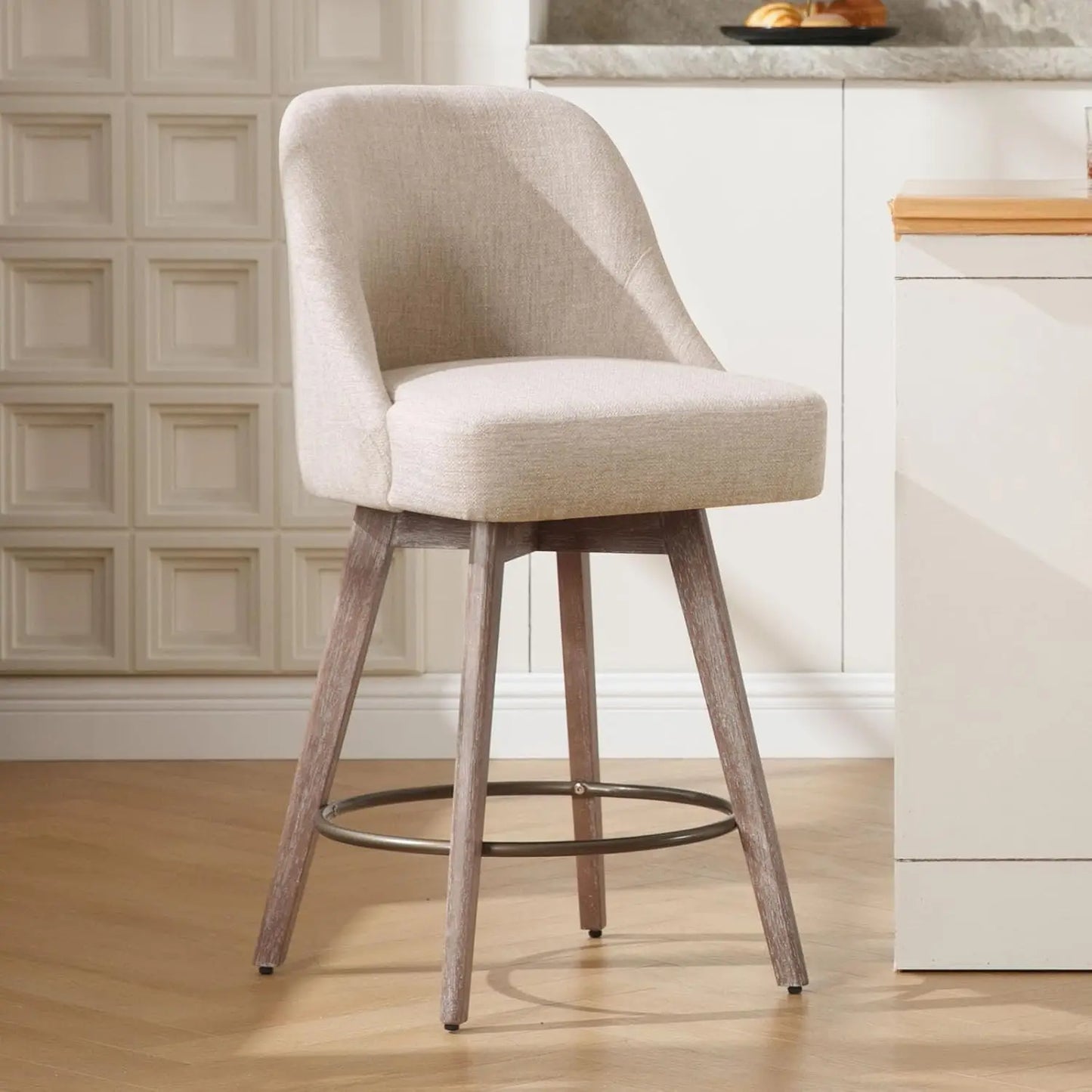 Counter Height Bar Stools Set of 2, Modern Mid-Century Swivel Barstools with Backs and Wood Legs, Linen Fabric Upholstered