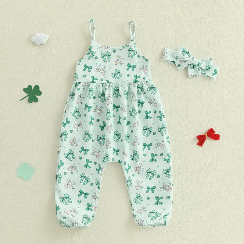 Toddler Boys St Patrick s Day Green Plaid Romper Suit with Bow Tie and Hat Set Irish Shamrock Print Jumpsuit