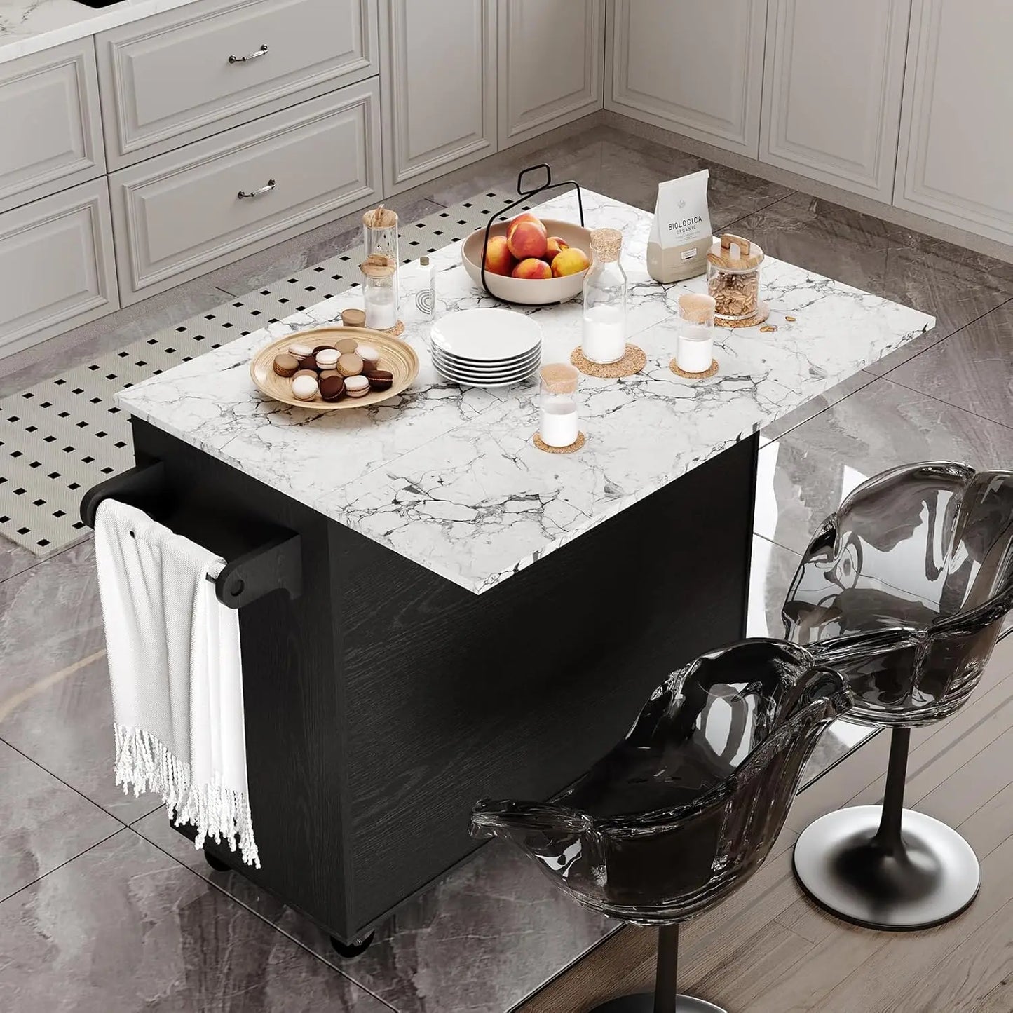 Rolling Island with Storage and Drop Leaf, Marble Tabletop, Kitchen Island on Wheels with Towel Rack & Spice Rack, Portable Isl