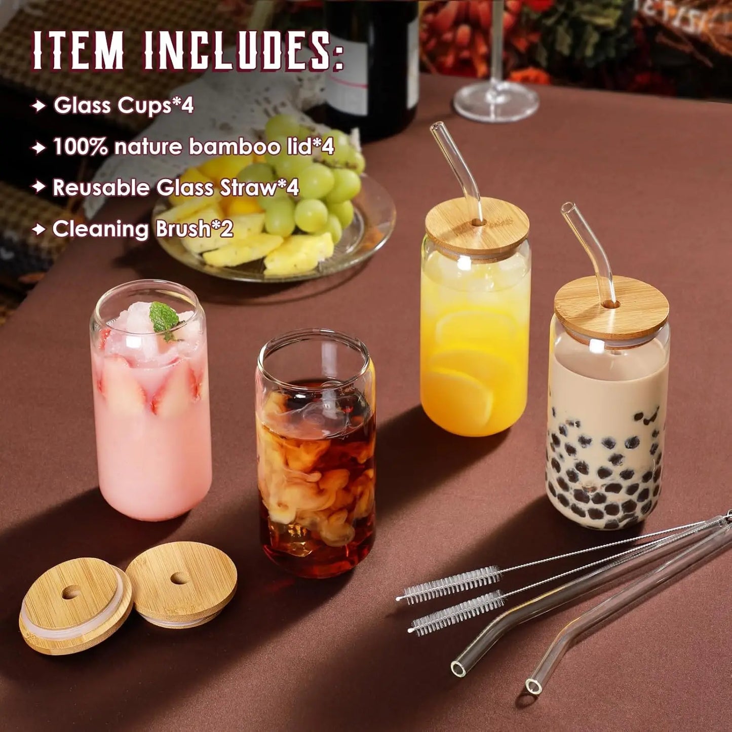 4Pcs 18.6Oz/550Ml Drinking Glasses with Bamboo Lids and Glass Straws, Glass Cups, Iced Coffee Glasses, Cute Iced Tea Glasses, Beer Glasses