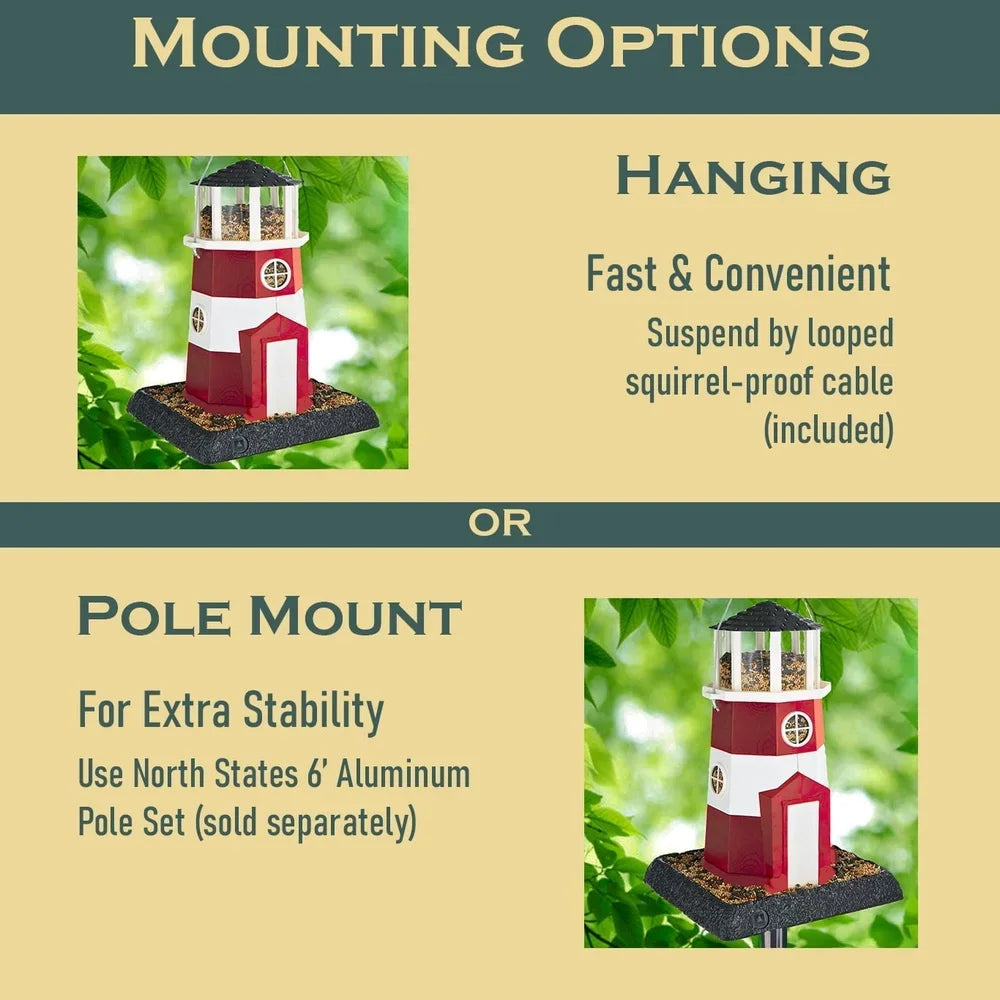 Hopper Bird Feeder Nautical Lighthouse Design Squirrel Proof Removable Tray Easy Clean Hanging or Pole Mounted 8 lb Capacity