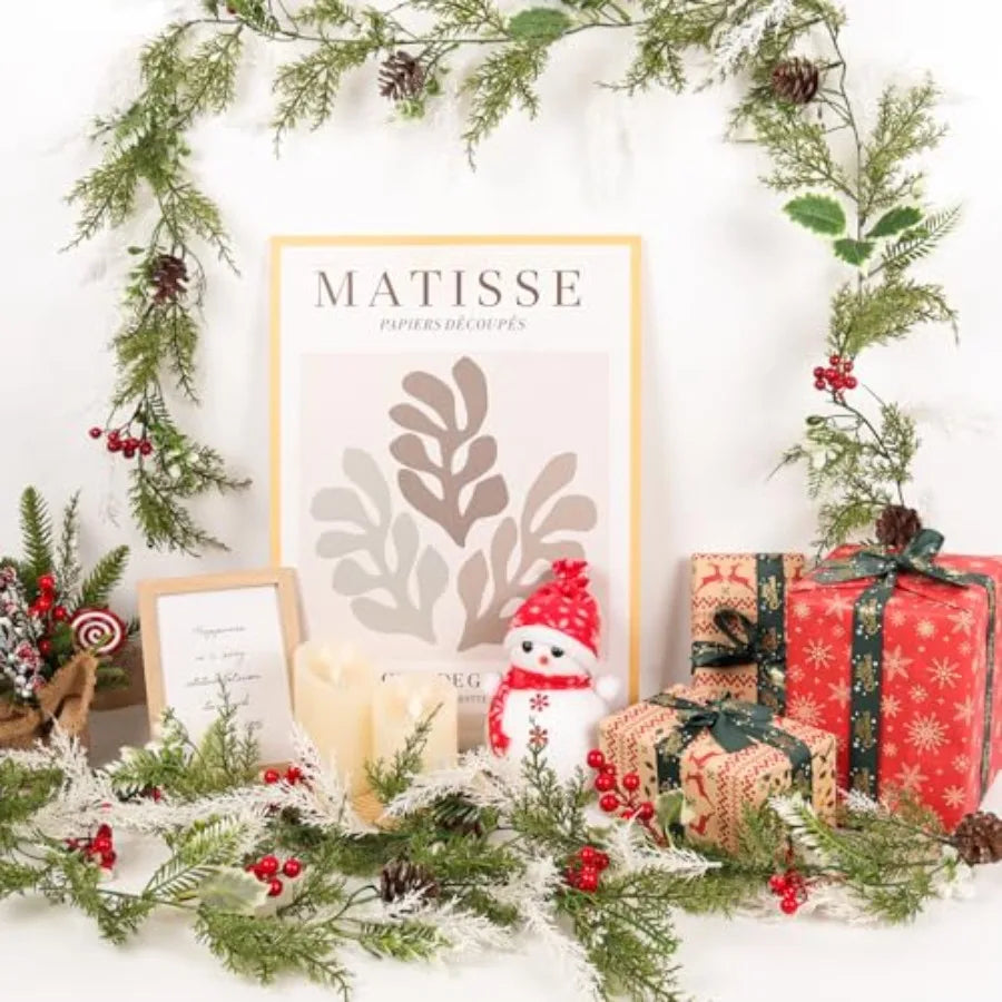 Artificial Christmas Garlands 2 PCS5.9FT Faux Hanging Winter Vines Red Berries Holly Leaves with Pine Cones Pine Needle Cedar G