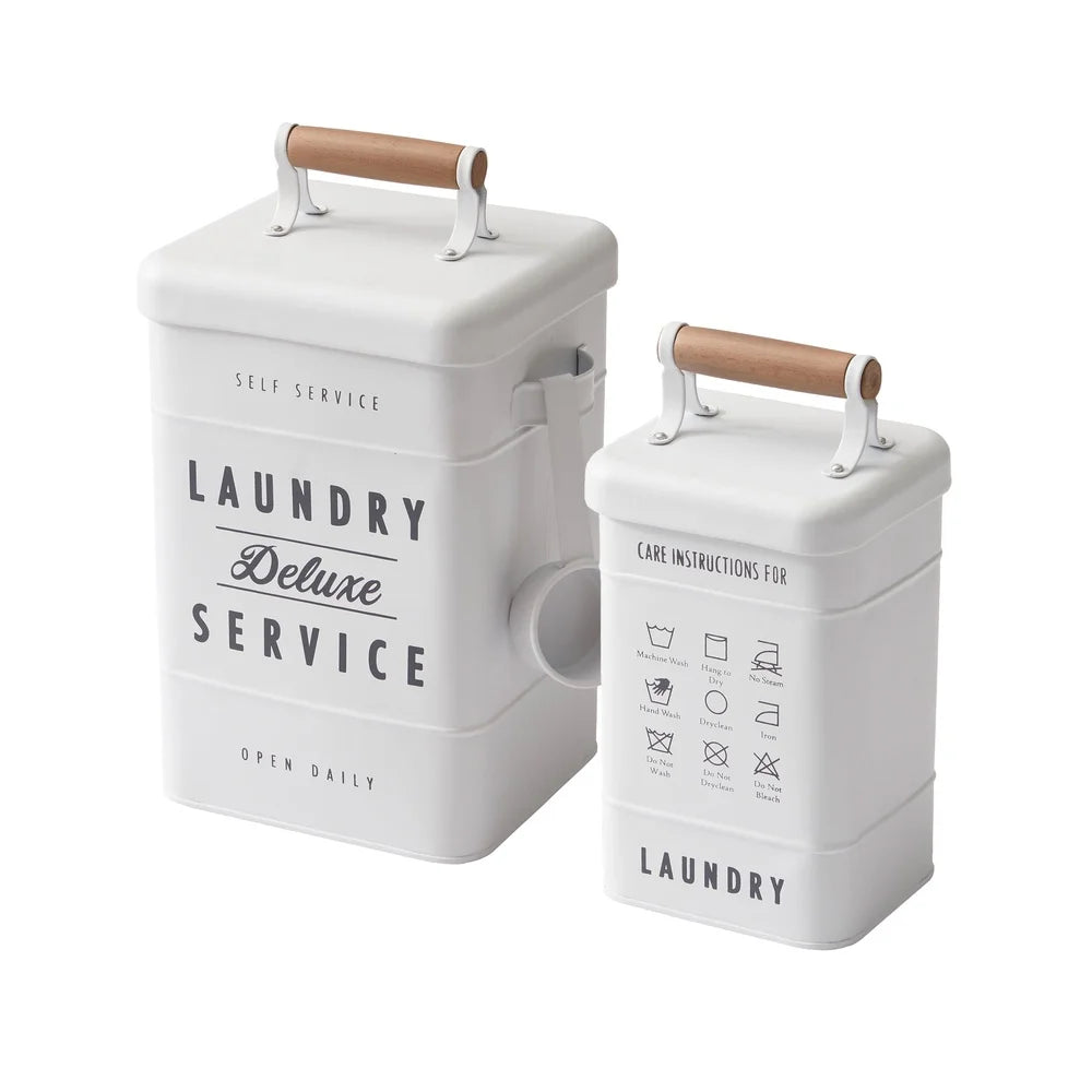 2-Piece Metal Laundry Storage Set with Natural Wood Handles Organize Laundry Powder Pods Baskets Home Farmhouse Decor