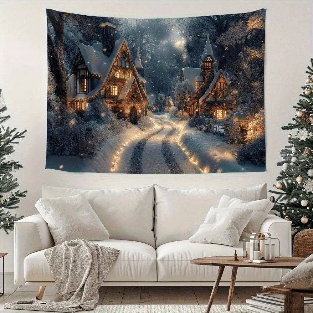 1pc Winter Village Tapestry Christmas Snow Night Wall Art Cozy Holiday Scenery Home Decor Back-to-school season Autumn gifts