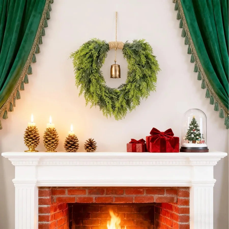 Real Touch Artificial Cedar Wreath 20 with Bell for Front Door Indoor Outdoor Christmas Decorations Faux Pine Greenery Heart Wr