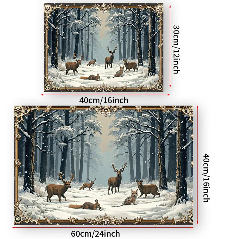 1pc Wall Tapestry "Enchanted Winter Forest Tapestry with Deer and Fox in Snowy Scene"