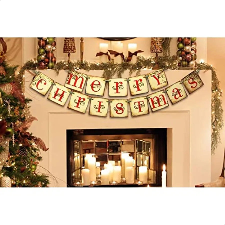 Christmas Decorations  Merry Christmas Banner Retro Nostalgic Traditional Old Fashioned Victorian Xmas Holiday Clearance Decor
