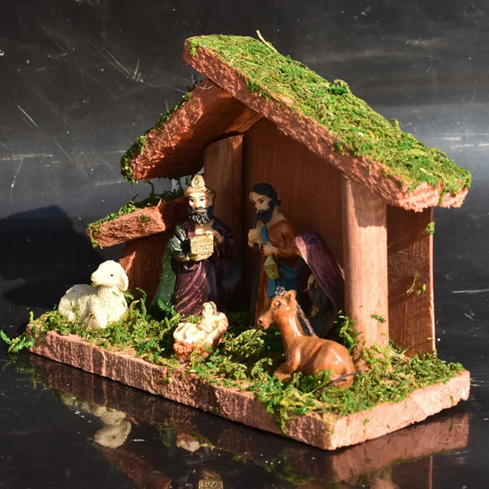 Christmas Nativity Figurine With Wooden Stable Advent Nativity Scene Mary Jesus Angel Wise Men Stable Animal Statues Home Decors
