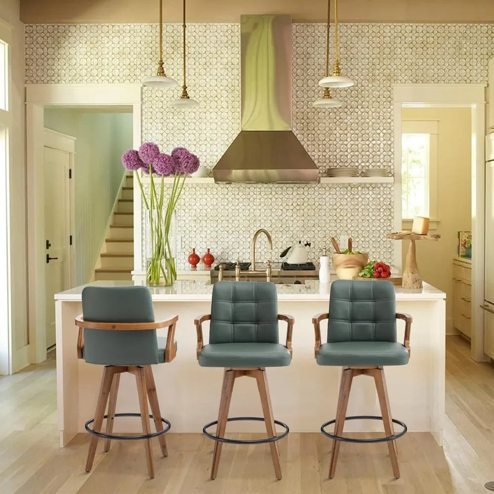 26” Counter Height Bar Stools,Leather Upholstered Bar Chair, Swivel Bar Stools with Back and Arms，Industrial Style Barstool Se
