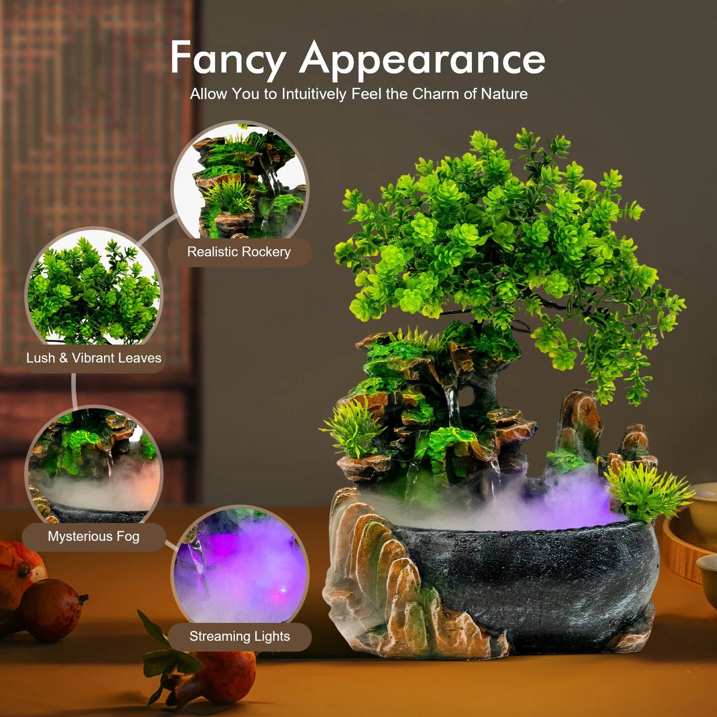 Desktop Water Fountain LED Light Mist Fog Maker Resin Tabletop Decor for Home Office Relaxation Stress Relief Gift Idea