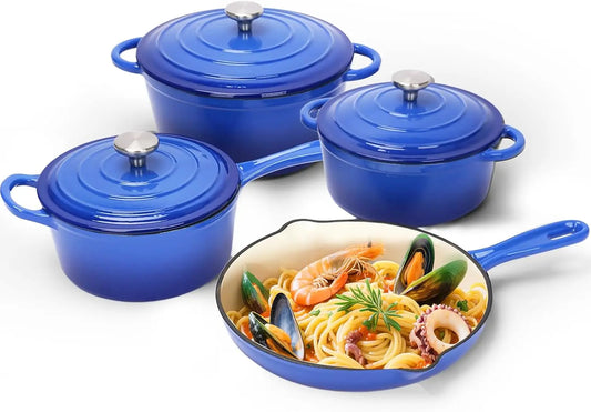 Ceramic Coated Cast Iron Cookware Set, 7-Piece Enameled Dutch Oven and Skillet Set with Lids, Nonstick Pots and Pans Set for Bre