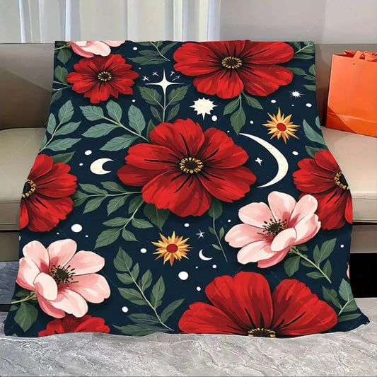 1pc Flannel Blanket "Boho Floral Blanket with Celestial Stars and Moons for Cozy Nights"