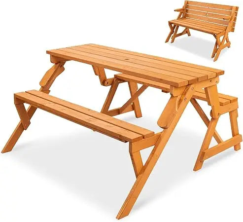 2-in-1 Transforming Interchangeable Outdoor Wooden Picnic Table Garden Bench for Backyard, Porch, Patio, Deck w/Umbrella Hole -