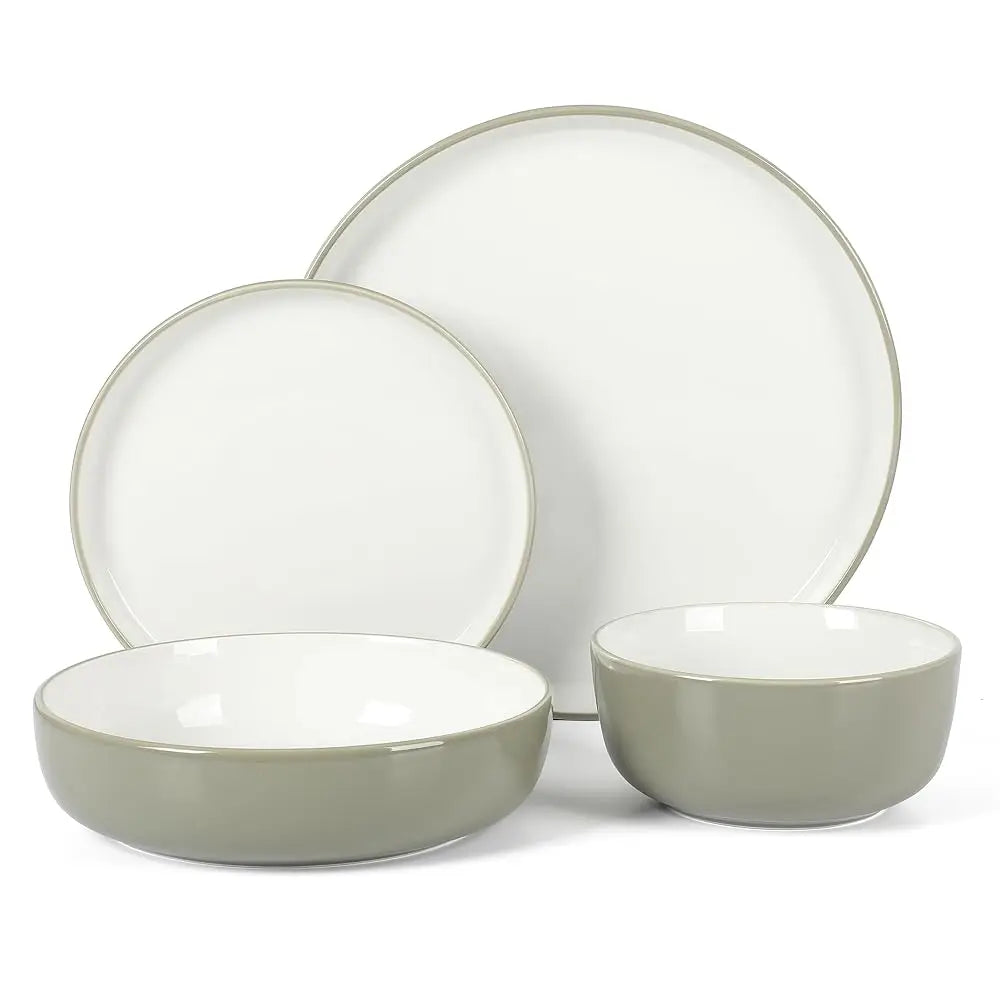 Kitchen Entials 16 Piece Two-Tone Porcelain Chip And Scratch Resistant Dinnerware Plates And Bowls Set - Grey/White