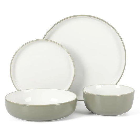 Kitchen Entials 16 Piece Two-Tone Porcelain Chip And Scratch Resistant Dinnerware Plates And Bowls Set - Grey/White