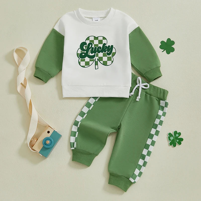St Patrick s Day Costume Set Green Shamrock Print Shirt and Pants Outfit for Boys with Long Sleeves and Drawstring