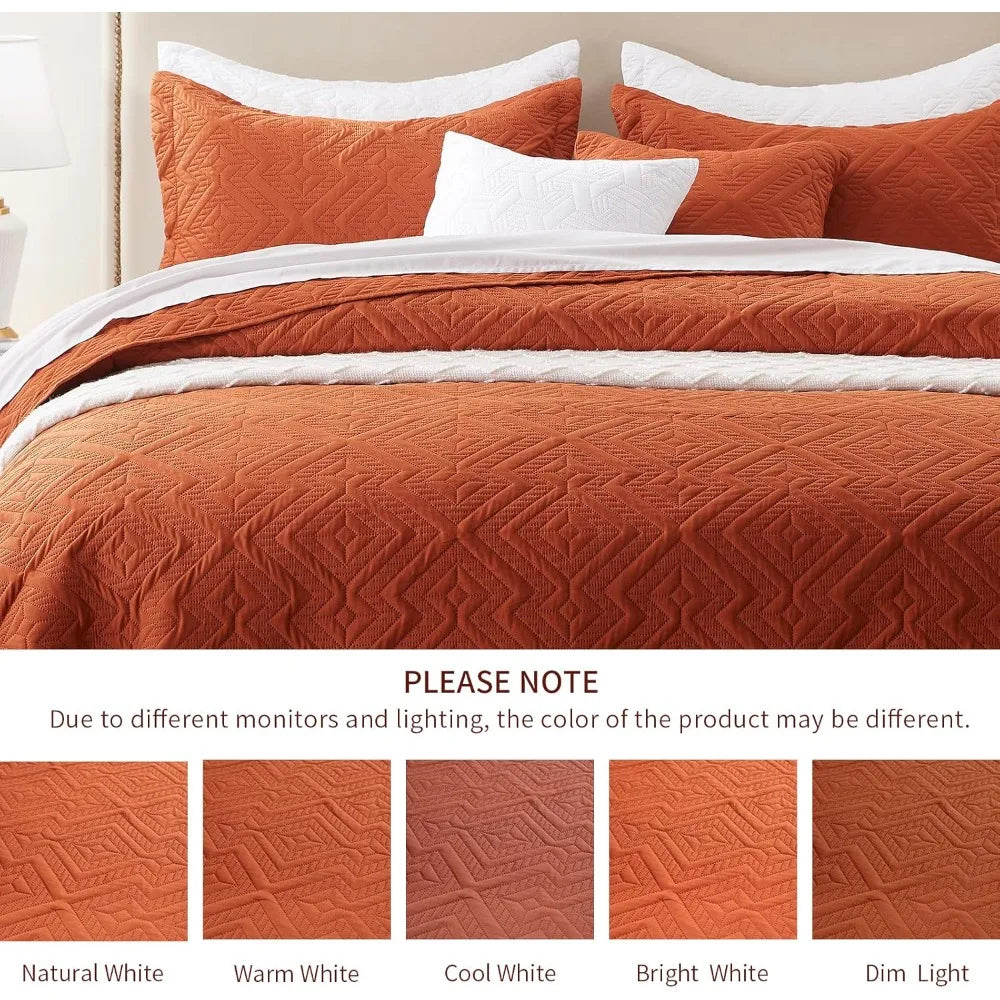 LEAONME Full/Queen Quilt Set 3 Pieces, Lightweight Burnt Orange/Rust Bedspread-90''x98'', Soft Microfiber Summer Quilt, Luxuriou
