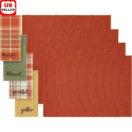 Autumn Cotton Napkin and Placemats Set 8 Pieces Thanksgiving Table Decor Ribbed Textured Cloth Easy Care Home Dining
