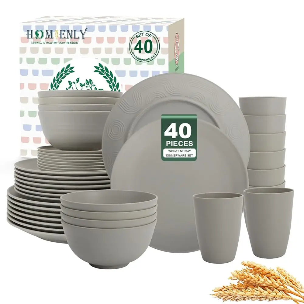 40-Piece Wheat Straw Dinnerware Sets, Non Breakable Dinnerware, Cups, Plates And Bowls Sets For 8 - Microwave Dishwasher