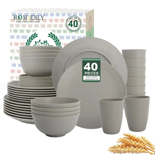 40-Piece Wheat Straw Dinnerware Sets, Non Breakable Dinnerware, Cups, Plates And Bowls Sets For 8 - Microwave Dishwasher