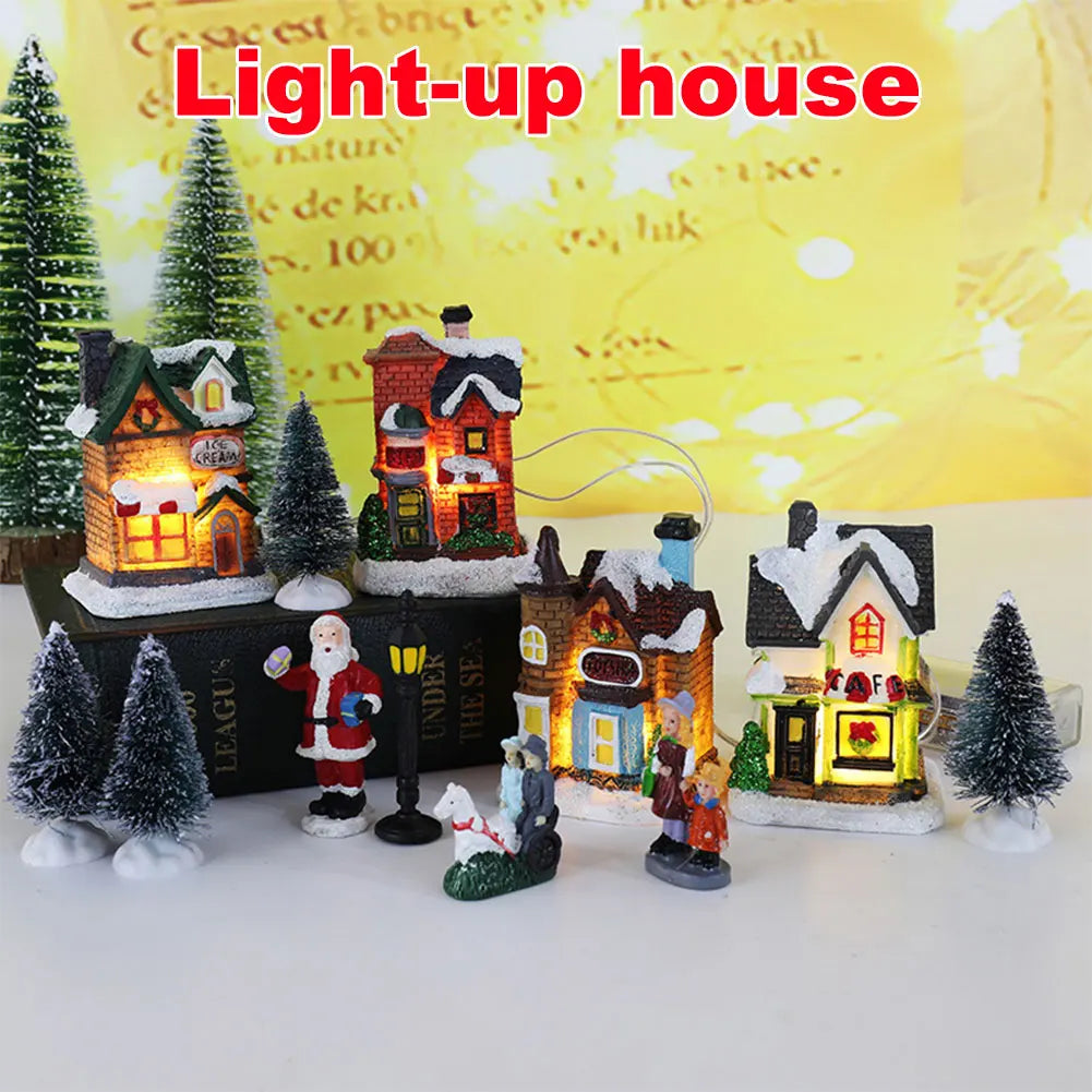 12 Pcs Mini Resin Christmas Town Set Battery Operated Lighted LED DIY Christmas Doll Figurines Christmas Trees Christmas Village