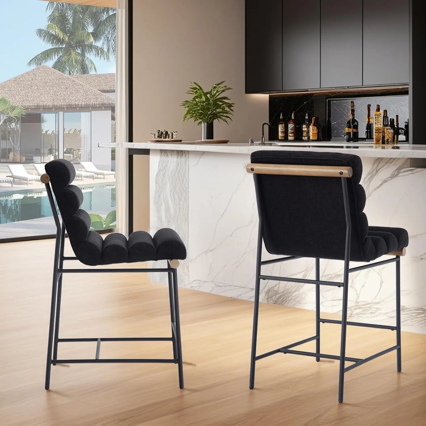 Bar stools Set of 2,25” Modern Upholstered Counter stools with Black Metal Legs, Sherpa Counter Height Chairs for Kitchen Island