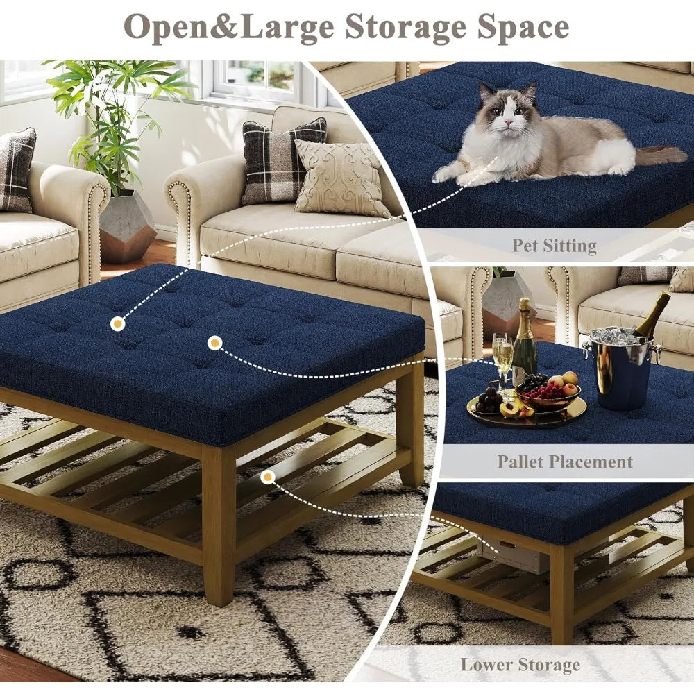 Large Square Ottoman Coffee Table, Linen Solid Upholstered Footrest Ottoman with Solid Wood Shelf Storage Tufted Coffee Table fo