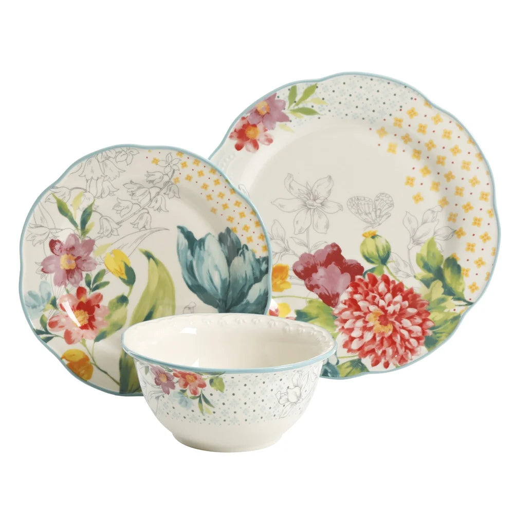 Blooming Bouquet 12-Piece Dinnerware Set Stoneware Dishwasher Safe Dinner Plates Salad Bowls Colorful Floral Patterns Elegant